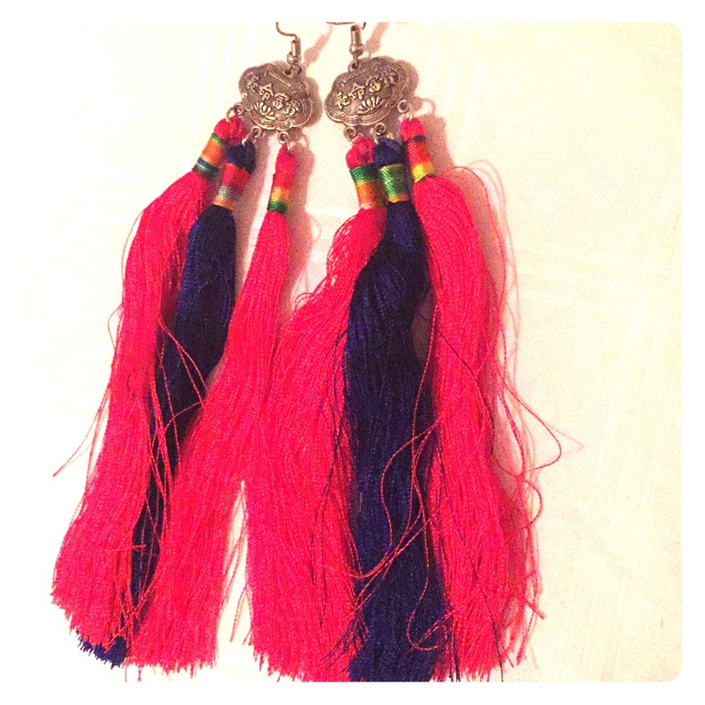 Miao Hill Tribe Tassel Earrings, Silver Cloud